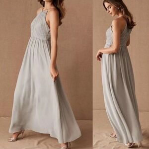 NWT BHLDN Anthropologie 10 Madrie Maxi Dress Fog Grey Bridesmaid Halter Chiffon